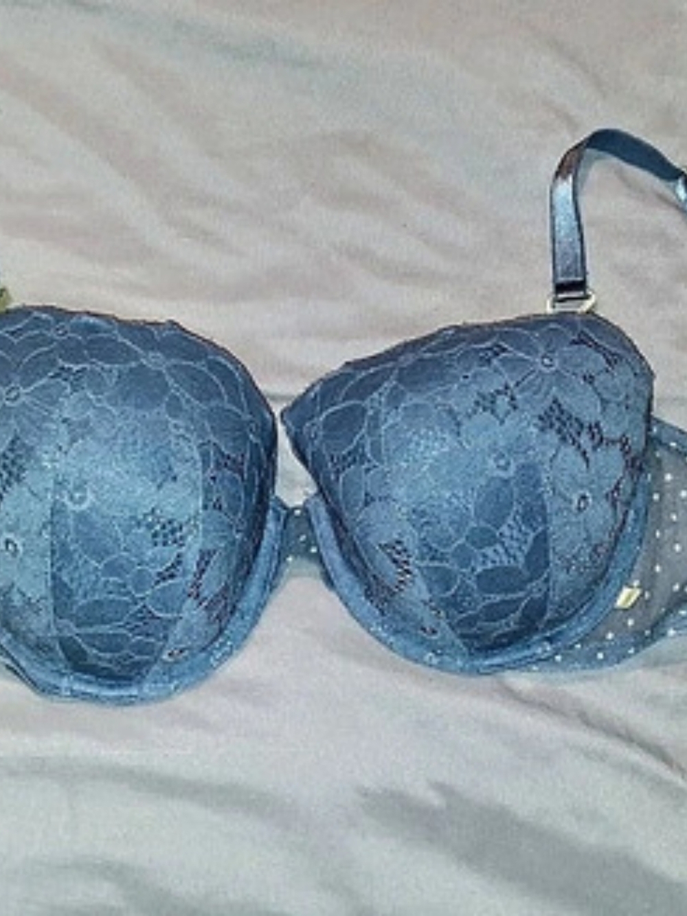 Victoria's Secret Lace Bra in Blue With Polkadots And Pops Of Green 36DD/E80